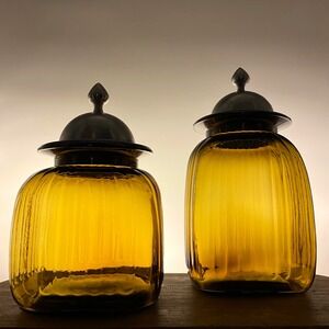 Amber Glass Apothecary Jar Set Metal Lid Ribbed Canisters witch castle gothic